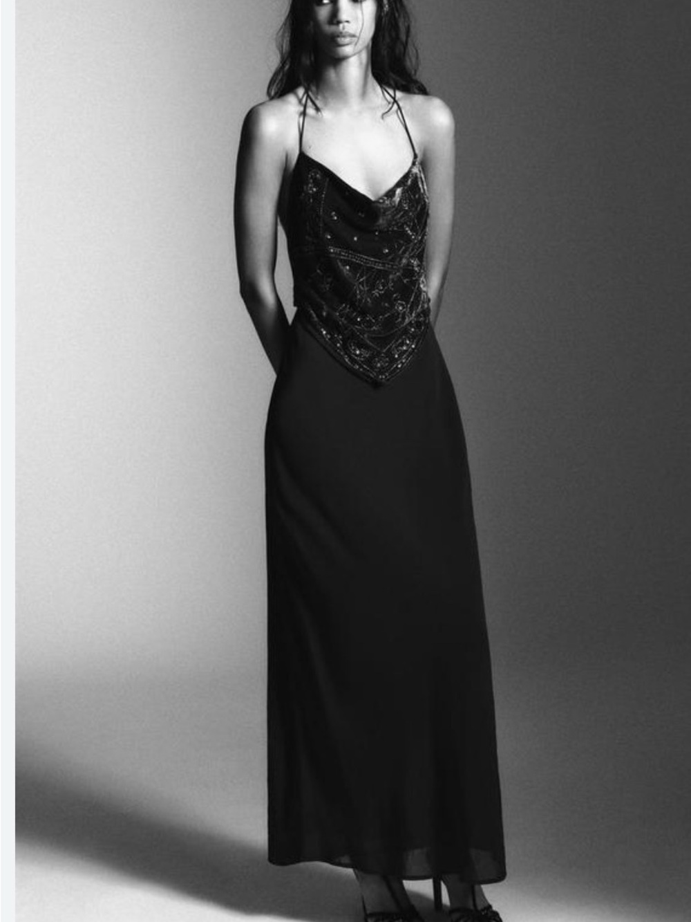 Zara Black Beaded Handkerchief-Neck Maxi Dress